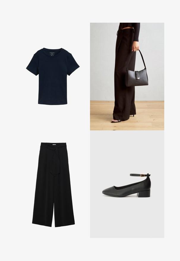 Tamsiai mėlynas trumpomis rankovėmis marškinėliai pagaminti išmedvilnės, su apvaliu iškirpimu ir paprastu, nepuoštu dizainu, turintys standartinį prigludimą.; Juoda plačių kojų kelnės, pagamintos iš tekstūruoto audinio, su elastingu juosmeniu ir atsegamu diržu juosmenyje, leidžiančiu reguliuoti dydį.; Juodas odinis aukštakulnis batelis su smailiu pirštu ir žemu bloku. Su kulkšnies dirželiu su auksinės spalvos sagtimi. Lygus paviršius.; Juodas rankinė struktūrizuota forma, lygi tekstūra ir metalinis užsegimas. Suporuota su plačiomis juodomis kelnėmis ir atvirais bateliais ant medinių grindų.