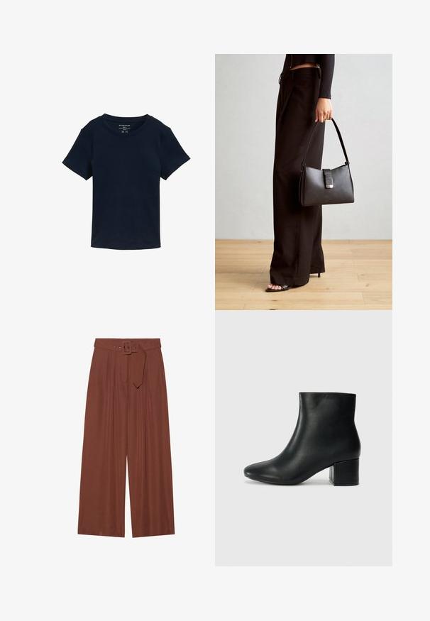 Jūras toni īsām piedurknēm T-krekls, kas izgatavots no kokvilnas, ar apaļu kakla izgriezumu un vienkāršu, neizrotātu dizainu ar regulāru piegriezumu.; Platas kājas bikses brūnā audumā, ar jostu ar kvadrāta sprādzi, plišu dizainu un gludu tekstūru.; Melna ādas potīšu zābaki ar smailu purngalu un masīlu papēdi. Gluda tekstūra ar minimāliem akcentiem un gludu, pieguļošu dizainu.; Melnā somiņa ar strukturētu formu, gludu tekstūru un metālu sprādzi. Saskaņota ar platām melnām biksēm un sandālēm ar atvērtu purngalu uz koka grīdas.