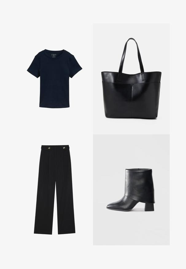Camiseta de manga corta color marino hecha de algodón, con un escote redondo y un diseño simple, sin adornos, con un corte regular.; Pantalones de pierna ancha negros con cintura alta, detalles de botones en la cinturilla y pliegues en la parte delantera.; Bota de cuero negro hasta el tobillo con punta afilada, textura suave y un tacón bloque estructurado. Presenta un diseño de puño alto y doblado.; Bolso tote de cuero negro con dos asas largas, textura suave y forma estructurada. Cuenta con un bolsillo frontal para almacenamiento adicional.
