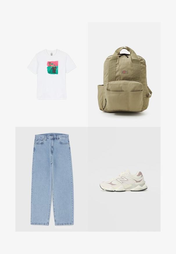 Fehér pamut póló, színes, absztrakt rajzzal, melyen egy nap és egy alak látható zöld háttér előtt, rózsaszín kerettel. Rövid ujjú.; Világoskék farmernadrág egyenes szárú kivitelben, közepes derékkal, öt zsebbel, gombos és cipzáros záródással.; Fehér és világosszürke sportcipő, hálós és szintetikus felsőrésszel, párnázott bokarésszel, texturált részletekkel és vastag gumitalppal.; Khaki színű hátizsák párnázott pántokkal, elülső zsebbel és kerek logóval. Tartós anyagból készült, tetején fogantyúval és oldalzsebbel rendelkezik.