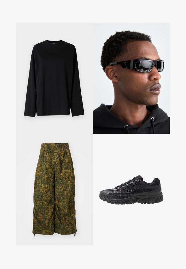 Weekday OVERSIZED LONG SLEEVE - Long sleeved top - black; Wide-leg pants with green and brown pixelated camouflage print, button closure, and drawstrings at the hems.; Black athletic shoe featuring a mesh and synthetic upper, textured surface, lace-up design, and a patterned rubber sole for traction.; Black sunglasses with a sleek, angular design. Features a shiny frame and dark tinted lenses. Small gold RSF logo on the side.