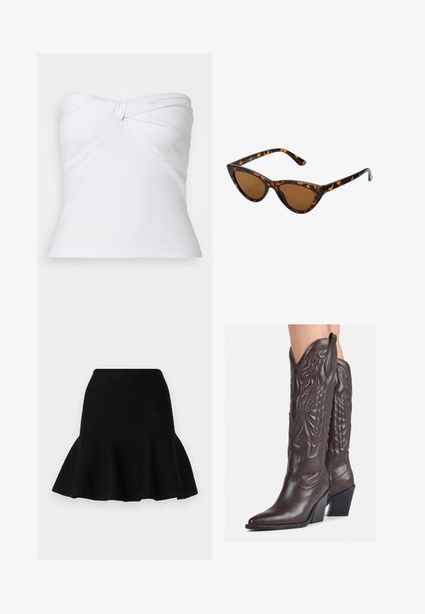 Biały, bezramionowy top wykonany z prążkowanej tkaniny, z przekręconym przodem i dopasowanym krojem. Gładka struktura, bez dodatkowych wzorów czy akcentów.; Czarna spódnica w kształcie dzwonu wykonana z miękkiego materiału. Posiada dopasowaną talię i falistą linię dołu, tworzącą warstwowy efekt.; Brązowe skórzane kowbojki z noskiem w kształcie migdała i blokowym obcasem, z detalicznym przeszyciem i podniesionymi akcentami na cholewce.; Okulary przeciwsłoneczne w kształcie kocich oczu z czarno-pomarańczową oprawą w deseń żółwia, brązowymi soczewkami i eleganckimi, spiczastymi końcówkami. Posiadają minimalistyczne logo na zauszniku.; Czarna skórzana torebka kopertowa z klapką i detalem w postaci złotej metalowej klamry. Zawiera czarny pasek oraz elegancki, minimalistyczny design.; Złote kolczyki w kształcie kółek o gładkim, błyszczącym wykończeniu. Okrągły design z małym klipsem i przezroczystym zapięciem zapewniającym bezpieczne noszenie.