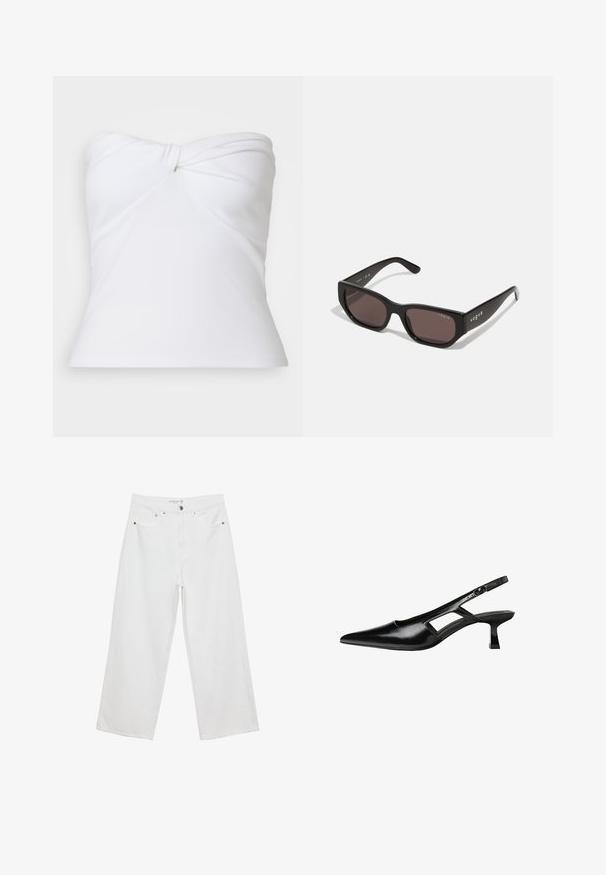 Top bianco senza spalline realizzato in tessuto a coste, con un design frontale attorcigliato e una silhouette aderente. Texture liscia, senza ulteriori motivi o dettagli.; Jeans bianchi a gamba larga realizzati in denim con vita alta, dotati di cinque tasche e dettagli in metallo. Texture liscia, senza motivi visibili.; Tacchi slingback in pelle verniciata nera con punta affusolata, design con tagli laterali e tacco quadrato piccolo. Texture liscia con dettagli minimi.; Occhiali da sole rettangolari neri con lenti scure. Presentano una montatura in plastica liscia e un dettaglio del logo sulla tempia. Design pulito e moderno.; Borsa multicolore con rete nera, bianca e beige. Presenta un manico testurizzato, un design con lacci e una tracolla rimovibile.