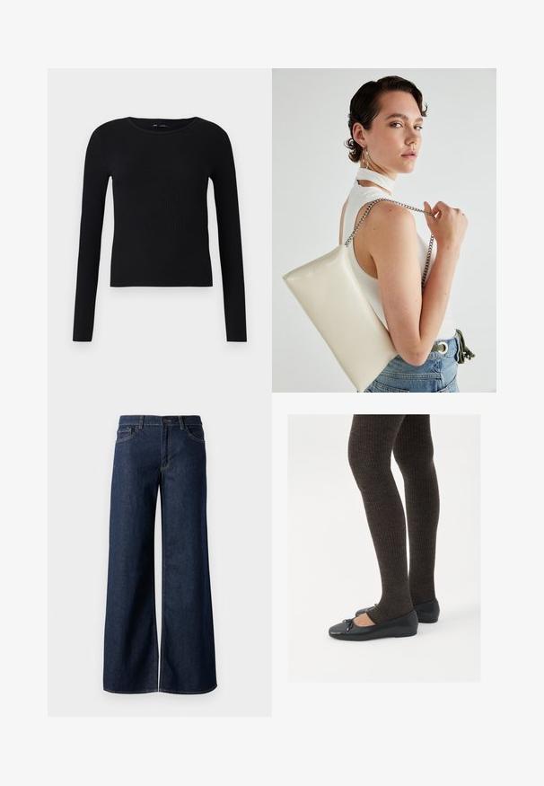 Black ribbed long-sleeve top with a round neckline. Made from a soft, stretchy fabric, it features a fitted silhouette and minimal detailing.; Wide-leg jeans in dark blue denim. Features contrast stitching, five pockets, and a button closure at the waist. Smooth texture.; Black flat shoes with a small bow detail at the toe, paired with dark brown ribbed tights. Shoes have a smooth texture and low profile.; White rectangular clutch bag made of glossy material, featuring a silver chain strap. Model poses, showcasing the bag against a plain background.