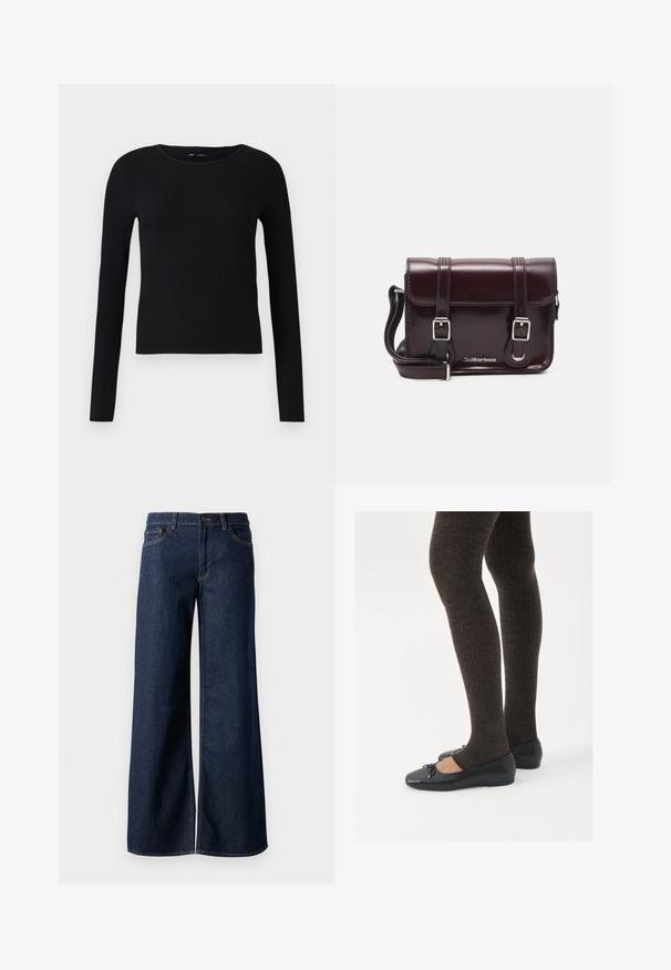 Crna rebrasta majica dugih rukava s okruglim izrezom. Napravljena od mekanog, rastezljivog materijala, ima prilagođen siluetu i minimalne detalje.; Široke traperice u tamnoplavoj denim boji. Sadrže kontrastno šivanje, pet džepova i kopčanje na dugme u struku. Glatka tekstura.; Crne ravne cipele s malim mašnom na vrhu prstiju, uparene s tamnosmešnim rebrovanim čarapama. Cipele imaju glatku teksturu i nizak profil.; Tamnocrvena lakirana kožna torba preko ramena pravokutnog oblika, s dva remena, srebrnim hardverom i preklopnim zatvaranjem.