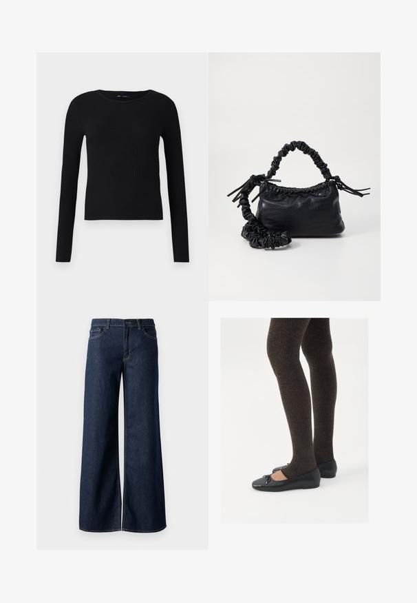 Mustmust kandiline pikkade varrukatega topp ümmarguse kaelusega. Valmistatud pehmest ja venivast kangast, see omab slim-fit siluetti ja minimaalset disaini.; Laiad teksad tumesinises denimis. Omab kontrastõmblusi, viit taskut ja nupukinnitust vööl. Sile tekstuur.; Mustad mustad kingad väikese teksaga varvaste juures, koos tumedate pruunide ribakangastega. Kingadel on sile tekstuur ja madal profiil.; Must must sünteetilisest nahast käekott, millel on krokodillimuster, kokku tõmmatav ülaosa ja kortsus rihm. Tundub pehme ja kompaktne disain.