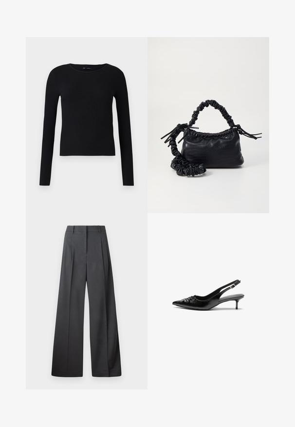 Svart ribbet langermet topp med rund hals. Laget av et mykt, elastisk stoff, har den en tettsittende silhuett og minimalt med detaljer.; Vide bukser i mørkegrått stoff med høy livlinje, enkel press, og en glatt tekstur med en ren finish på ermekantene.; Sorte skinnert remsandaler med spiss tå, liten kittenhæl og en dekorativ knute detalj foran. Glatt tekstur gjennom hele.; Svart faux skinn-håndveske med krokodilletekstur, strammet topp og en rynket stropp. Ser myk og kompakt ut i designen.