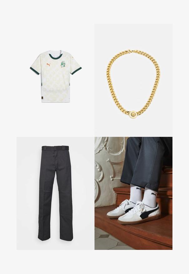 Bela nogometna majica z zelenimi poudarki, ki ima teksturiran abstrakten vzorec, oranžno Puma logo in grb s številnimi zvezdami.; Črne hlače iz trpežnega blaga, z ravnim krojem, pasom z zankami za pas in šivi za dodano teksturo.; Puma superge v beli in črni usnjeni izvedbi, sročene s rjavim gumijastim podplatom. Usklajene z belimi nogavicami z črnim logotipom, nosijo se s temnimi hlačami.; Zlata verižica z velikimi medsebojnimi povezavami, ki ima v središču krožni obesek z izbočenim grbom.