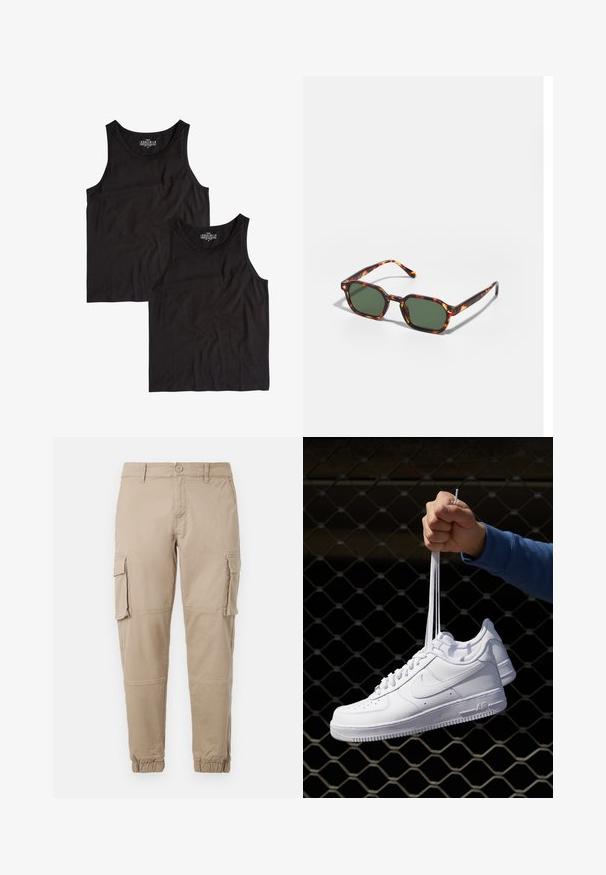 Du du juodi medvilniniai marškiniai be rankovių su paprastu apvaliu kaklu, ištiesti plokščiai su lygiąja tekstūra.; Bežiniai cargo kelnės iš lengvos medvilnės. Su elastingais užtrauktukais, keliais šoniniais kišenėmis ir mygtukų uždarymu.; Balti odiniai sportiniai bateliai su perforacijomis, apvalia nosimi, plokščiu padu ir storomis raištelėmis, su matomu swoosh logotipu ir "AIR" ant kulno.; Žvyneliai akiniai nuo saulės su žaliais lęšiais, turintys aštuonkampį formos ir plonas, lenktas šakeles. Medžiaga turi blizgų paviršių.