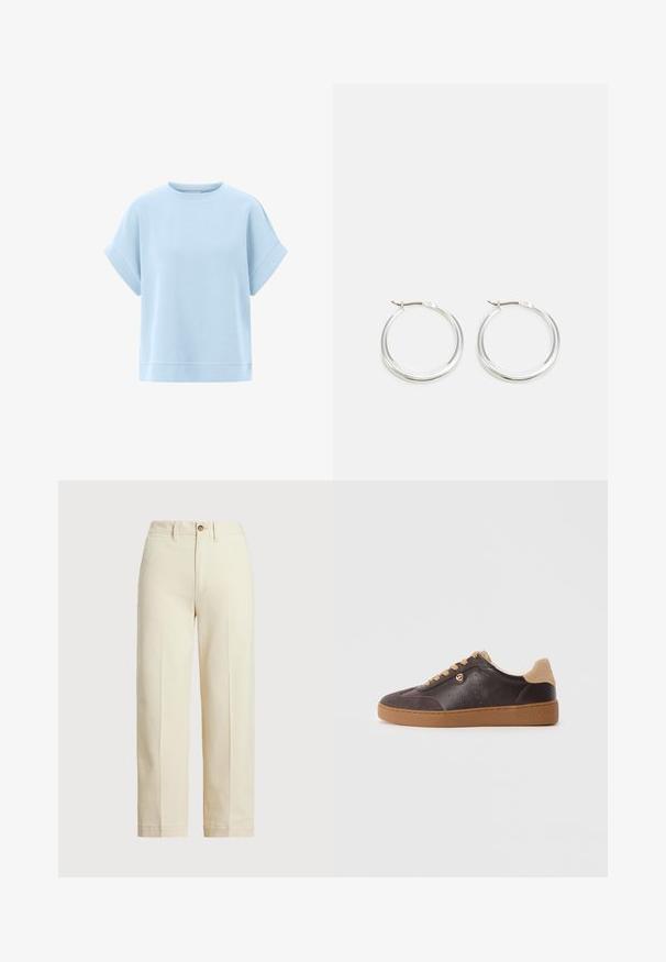 Světle modrý krátký rukáv svetr vyrobený z měkké látky s uvolněným střihem, kulatým výstřihem a prošívanými okraji.; Béžové kalhoty vyrobené z bavlny, s rovnými nohavicemi, jedním knoflíkem na zapínání a viditelnými předními záhyby. Čistý lem a žádné vzory.; Tmavě hnědé kožené a semišové sneakers s béžovými tkaničkami a podrážkou, zlatým akcentem loga a nápisem "Michael Kors" vytlačeným na podrážce.; Stříbrné kroužkové náušnice mají hladký, zaoblený design s tenkým profilem a bezpečným zapínáním. Minimalistický styl s lesklým povrchem.