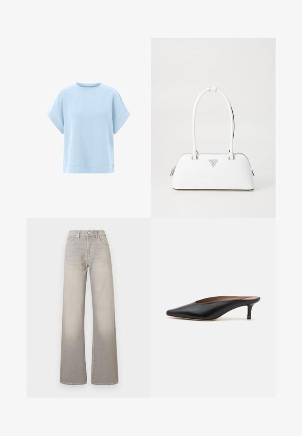 Lichtblauwe sweatshirt met korte mouwen, gemaakt van zachte stof, met een ontspannen snit, ronde halslijn en gestikte zoomaccenten.; Grijze wijde jeans met een vervaagde afwerking, knoopsluiting, vijfzakkenontwerp en gestikte details langs de naden.; Zwarte leren muiltjes met een puntige neus en een lage, blokhak. Glad oppervlak met een gestroomlijnd ontwerp. Open achterkant met minimale details.; Witte leren handtas met een gebogen vorm, voorzien van een zilveren driehoekig logo en ritssluiting. Gladde textuur en dubbele handvaten.