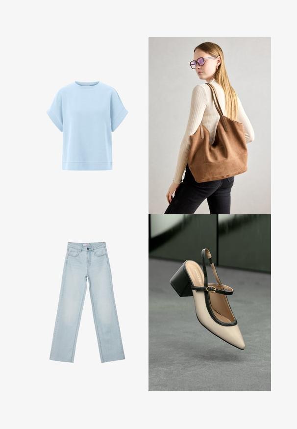 Felpa a maniche corte di colore azzurro chiaro, realizzata in tessuto morbido con una vestibilità comoda, scollatura rotonda e dettagli di orlo cuciti.; Jeans a gamba larga di colore blu chiaro realizzati in denim. Presentano cinque tasche, un bottone sul davanti e dettagli sbiaditi. Taglio dritto classico con vestibilità ampia.; Scarpa beige con punta a stivale, con rifiniture nere, fibbia dorata e tacco a blocco spesso su un pavimento grigio con sfondo verde scuro.; Borsa a tracolla in suede marrone con texture morbida, ampia apertura e lunghe cinghie. Caratterizzata da un design semplice con cuciture visibili e senza accessori.