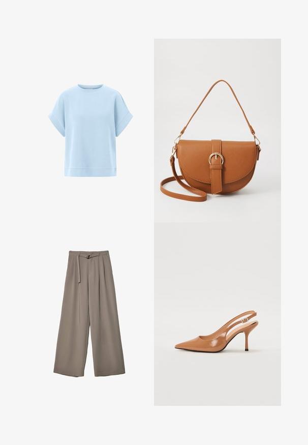 Svijetloplava kratkosazna dukserica od mekog materijala s opuštenim krojem, okruglim izrezom i obrubima s prošivenim detaljima.; Široke hlače u mekoj, prigušenoj sivoj tkanini, s remenom na struku i plisiranim detaljima za dodatni dizajn. Glatka tekstura, bez uzoraka.; Sandal s petom u obliku šiljastog prsta od glatkog, sjajnog smeškastog materijala. Ima zakrivljeni izrez i vitku štiklu. Detalj s srebrnom kopčom.; Smeđa kožna torba preko tijela s zakrivljenim oblikom, zlatnim metalnim detaljima i naglaskom na kopču. Ima odvojivu naramenicu.