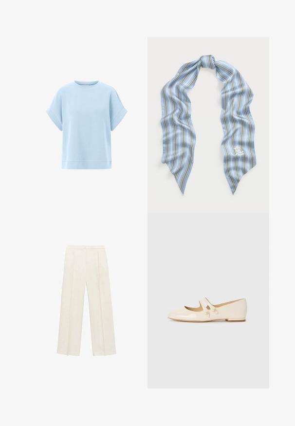 Sweatshirt scurt cu mânecă scurtă, de culoare albastru deschis, confecționat dintr-un material moale, cu o croială lejeră, decolteu rotund și accente de tiv cusute.; Pantaloni cu picioare largi, de culoare crem deschis. Realizați dintr-un material neted, cu plisuri în față și buzunare laterale.; Balerini din piele patent ivory cu două curele decorative și butoane aurii, având un vârf rotund și un toc mic în stil block.; Fular din mătase albastru deschis, cu dungi verticale în verde, purpuriu și alb. Margini finisate, cu un mic logo brodat într-un colț.