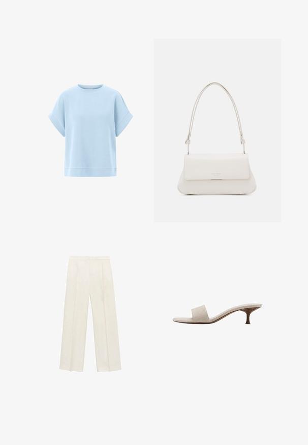 Svetlo modra kratka majica s kratkimi rokavi, izdelana iz mehkega blaga z udobnim krojem, okroglim izrezom in šivi na robovih.; Hlače širokih nogavic v svetli kremni barvi. Narejene iz gladkega materiala s plitkimi naborki spredaj in stranskimi žepi.; Sandal brez pet, z zgornjim delom iz bež tkane tkanine, odprti prsti in ukrivljenim lesenim podplatom. Oblikovanje se ponaša z gladko teksturo in minimalistično obliko.; Bela usnjena torba za ramo s prepognjenim sprednjim pokrovom, ukrivljeno obliko in nastavljivim trakom. Ima subtilen logotip na sprednji strani.