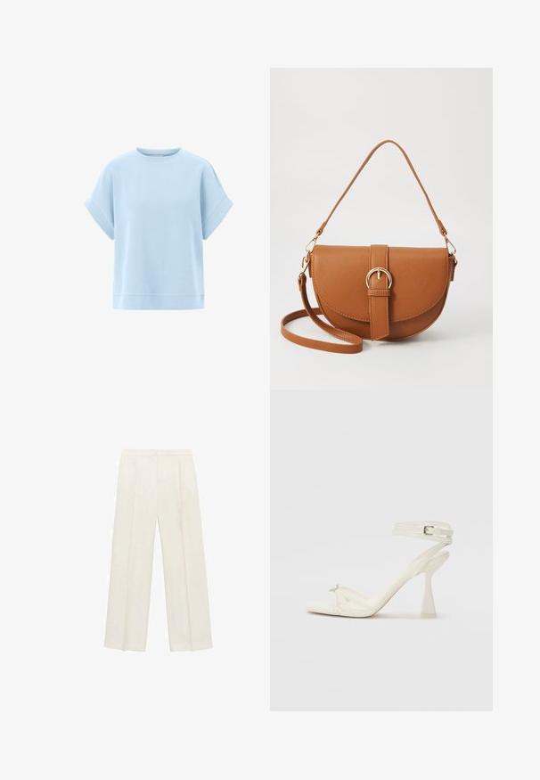 Light blue short-sleeve sweatshirt made of soft fabric with a relaxed fit, round neckline, and stitched hem accents.; Wide-legged trousers in a light cream color. Made from a smooth fabric with pleats at the front and side pockets.; Strappy high-heeled sandal in white leather with a sleek design, a transparent block heel, and a decorative element at the toe.; Brown leather crossbody bag with a curved shape, gold hardware, and a buckle accent. Features a detachable shoulder strap.