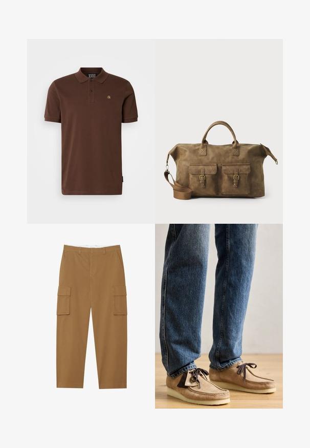 Brūns polo krekls no kokvilnas materiāla ar īsām piedurknēm, trīs pogu aizdari un nelielu dzeltenu logotipu uz krūtīm. Vienkāršs dizains.; Ceri brūni cargo bikses ar divām sānu kabatām, plakanu priekšpusi un taisnu kāju griezumu. Izgatavotas no izturīgas auduma ar gludu tekstūru.; Kasta mocasīni gaiši brūnā krāsā ar tumši brūnu akcentu, apaļā purngala forma un pūkains balts zole. Iezīmējas ar aukliņu slēgšanu un izšūtu apdari.; Brūns ādas ceļojumu soma ar diviem priekšējiem kabatām, regulējamu plecu siksnu, zelta detaļām un stingrām augšējām rokturiem. Gluda tekstūra.