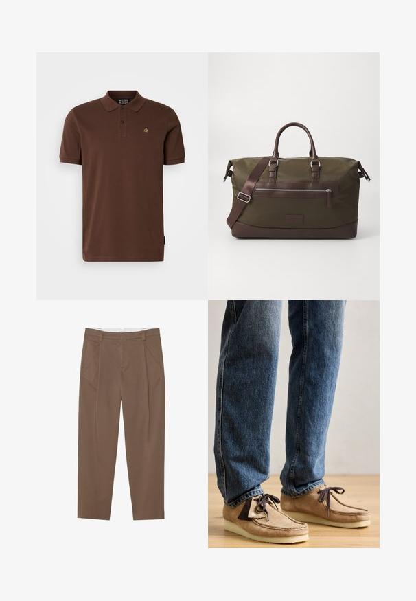 Ruskea puuvillapaita, jossa on lyhyet hihat, kolmonen nappilista ja pieni keltainen logo rinnassa. Yksinkertainen muotoilu.; Ruskeita räätälöityjä housuja, jotka on valmistettu teksturoidusta kankaasta. Housuissa on laskokset, vyölenkit ja suora leikkaus. Ei näkyviä varusteita.; Tumma ruskeita mokkasiineja, joissa on vaalea beige väri, pyöreä kärki ja pehmeä valkoinen pohja. Varustettu nauhakiinnityksellä ja ompelutiedoilla.; Kangasduffeli oliivinvihreänä, jossa on ruskeat nahkaosat. Varustettu kaksilla kahvoilla, irrotettavalla olkahihnalla ja edessä vetoketjullisella taskulla.