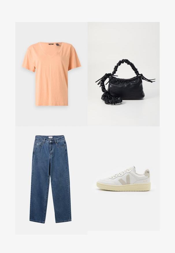 Short-sleeve, V-neck t-shirt in light peach, made from soft cotton material. Features a relaxed fit and subtle stitching along the hem.; Classic blue denim jeans with a straight-leg design, five pockets, and a button closure. Features a medium wash and sturdy texture.; White leather sneaker with beige suede accents, perforated toe box, flat laces, and a textured cream sole. Features subtle branding on heel.; Black faux leather handbag with a crocodile texture, cinched top, and a scrunched strap. Appears soft and compact in design.