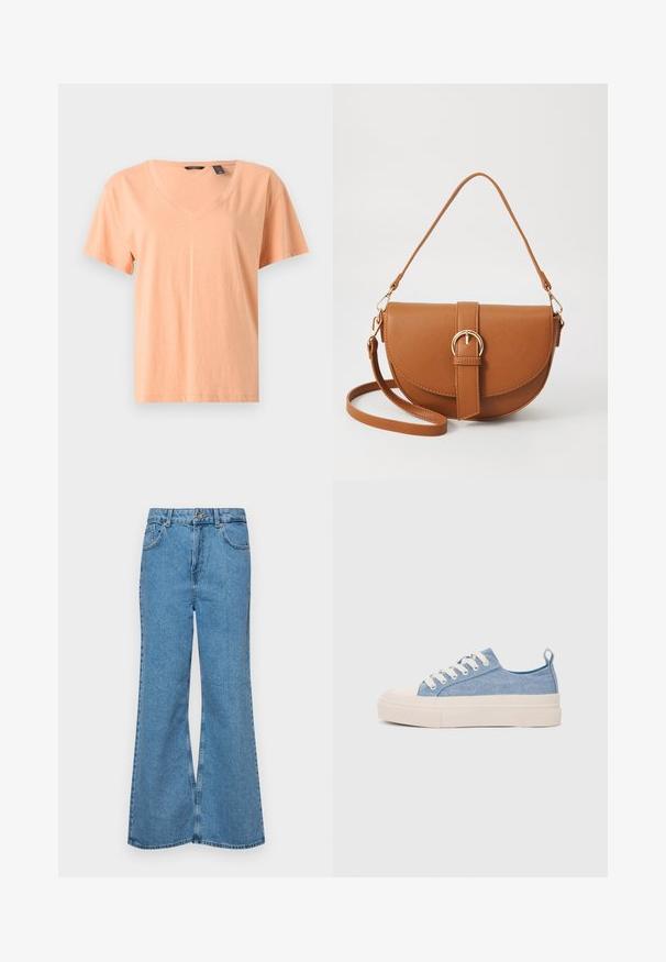 Rövid ujjú, V nyakú póló világos barack színben, puha pamut anyagból készült. Lazán illeszkedő fazonnal rendelkezik, és finom varrás díszíti az alját.; Világoskék, trapézszárú farmernadrág, magas derékkal, öt zsebbel és egy gombos záródással. Puha tapintású, magasított effektusú anyag.; Világoskék vászon sportcipők, krémszínű gumitippel és talppal, fehér fűzőkkel és egy húzófüllel a sarkán.; Barna bőr keresztbody táska ívelt formával, aranyszínű fémrészekkel és csat díszítéssel. Levehető vállpánttal rendelkezik.