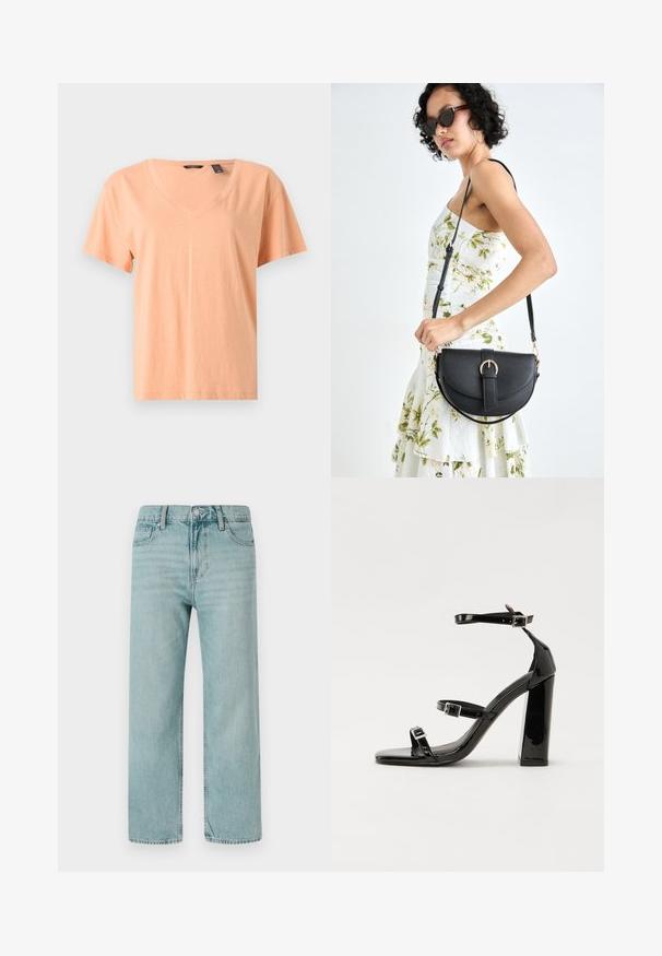 T-shirt à manches courtes, col en V, de couleur pêche clair, fabriqué en coton doux. Présente une coupe décontractée et une couture subtile le long de l'ourlet.; Jeans bleu clair à jambes larges en denim, avec un design classique à cinq poches, des lignes épurées et une taille régulière avec fermeture par bouton.; Sandales à talons vernies noires avec un bout carré, des sangles autour de la cheville et des boucles en argent. Dotées d'un talon bloc épais pour plus de stabilité.; Sac à main en cuir noir avec une forme courbée, bandoulière amovible et des accessoires en or. Le sac est doté d'un rabat avec un détail de boucle.