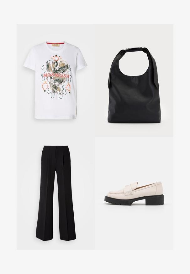 Biely bavlnený tričko s farebnou grafickou potlačou z rybami a dekoračnými vírmi, doplnené ružovými a zlatými detailmi.; Čierne nohavice z hladkej tkaniny, s vysokým pásom, širokým strihom a dvoma prednými záhybmi pre zvýraznenie dizajnového detailu.; Svetlo béžové kožené mokasíny s prešitým predom a textúrovaným čiernym platformovým podpätkom. Vlastnosti zahŕňajú zakrivený dizajn a mierne zvýšenie.; Čierna kožená hobo taška s jedným mäkkým, zaobleným uchom; má hladkú textúru a minimalistický dizajn. Žiadne viditeľné kovanie ani akcenty.; Strieborné kruhové náušnice s minimalistickým dizajnom. Cirkulárny tvar, hladký povrch a tenký profil. Ľahké s lesklým povrchom.