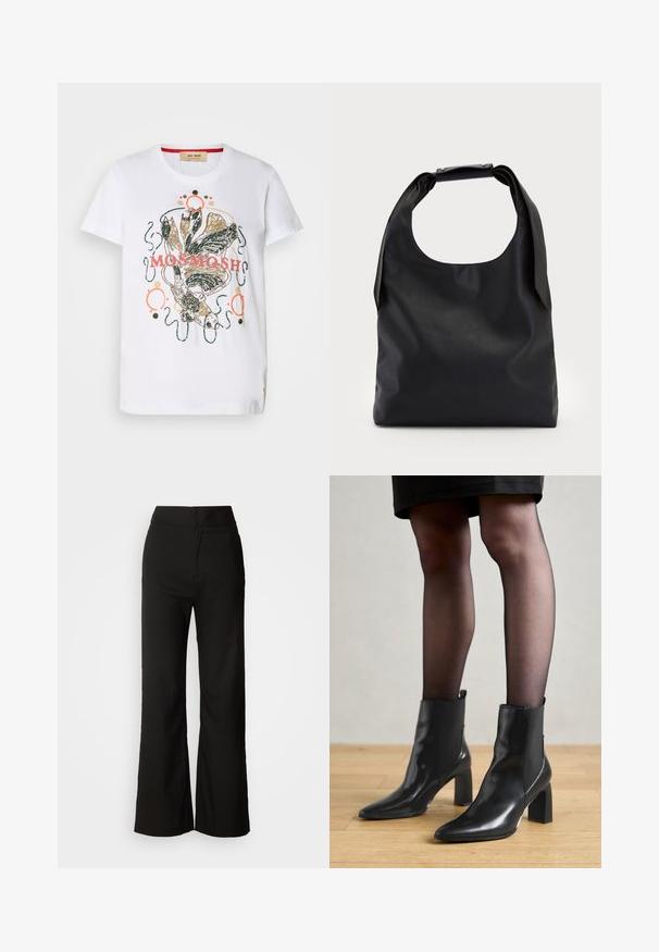 Valge puuvillane T-särk, millel on värvikas graafiline disain kalade ja dekoratiivsete keeristena, rõhutatud roosa ja kuldsete detailidega.; Mustad laiad püksid sujuva tekstuuriga, kõrge vöökoht ja puhas disain. Ei ole nähtavaid taskuid ega dekoreerimist.; Mustad mustad jalanõud terava ninaga, paksu ruudukujulise kontsaga ja saleda disainiga. Omavad elastseid külgpaneele mugavaks selga tõmbamiseks.; Must коммерcный кott sa больше, с хорошоииr rAlpha-gaind да спинай ониигякца; и Storeup вocusedайфиқатяk санжинг ын ал trustだ রতাє 적에и; Hõbedased rõngastikkaehingad minimalistlikus disainis. Ümar kuju, sile tekstuur ja õhuke profiil. Kerged ning poleeritud viimistlusega.