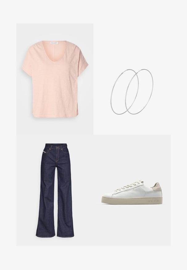 Vaaleanpunainen lyhythihainen t-paita V-kaula-aukolla ja sivuhalkioilla. Valmistettu pehmeästä, teksturoidusta kankaasta. Brändilogo näkyvissä kauluksessa.; Tummansiniset leveälahkeiset farkut denimmateriaalista, joissa on korkea vyötärö. Niissä on oranssit tikkaus, viisi taskua ja napitus.; Valkoinen nahkakenkä, jossa on sileä pinta, beige mokkanahkavivahteita, pyöreä kärki, litteä nauhattava malli ja teksturoitu kumipohja.; Hopehope hopeilla, joissa on minimalistinen muotoilu. Pyöreä muoto, sileä pinta ja ohut profiili. Kevyet ja kiillotetut.