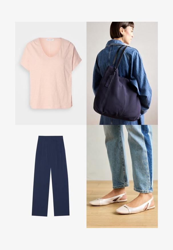 Lys rosa t-skjorte med kortermet og V-hals, samt sidespalter. Laget av myk, teksturert stoff. Merkelapp synlig ved halslinjen.; Marineblå bukser med vide ben laget av mykt stoff, med frontfolder, en glatt tekstur og en rett passform uten synlige lommer.; Lys rosa slingback leiligheter med spiss tå, laget av et glatt, læraktig materiale. Har utskjæringer på sidene og lav hæl.; Marine lerrets skulderveske med en myk, strukturert form, som har en svart stropp, sydd detaljer og en liten merkeflagg.