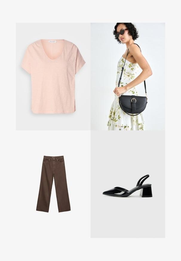 Jasnoróżowa koszulka z krótkim rękawem, z dekoltem w serek i bocznymi rozcięciami. Wykonana z miękkiego, fakturowanego materiału. Etykieta marki widoczna na dekolcie.; Szerokie brązowe dżinsy wykonane z denimu, z wysokim stanem, przednimi kieszeniami i klasycznym zapięciem na guzik. Gładka faktura z subtelnym przeszyciem.; Czarne lakierowane półbuty na obcasie z wydłużonym noskiem i geometrycznym słupkiem. Charakteryzują się eleganckim, minimalistycznym designem oraz gładką fakturą.; Czarna skórzana torebka o zakrzywionym kształcie, z odpinanym paskiem i złotymi akcentami. Torebka posiada klapę z zapięciem w kształcie klamry.