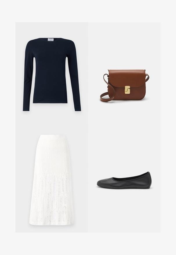 Marine langærmet T-shirt lavet af blødt bomuld. Har en rund hals, slim fit og almindelig kant uden synlige mønstre eller accenter.; Strikket hvid midi-nederdel med et tekstureret mønster med vertikale linjer og udskæringer nær kanten. Elastisk talje. Blødt materiale.; Sort læderballetsko med rund tå, glat tekstur, minimal syning og et fleksibelt såldesign.; Brun læder håndtaske med flaplukning, hardware i gyldent tone, en skulderrem og en glat overflade. Kompakt rektangulær form.