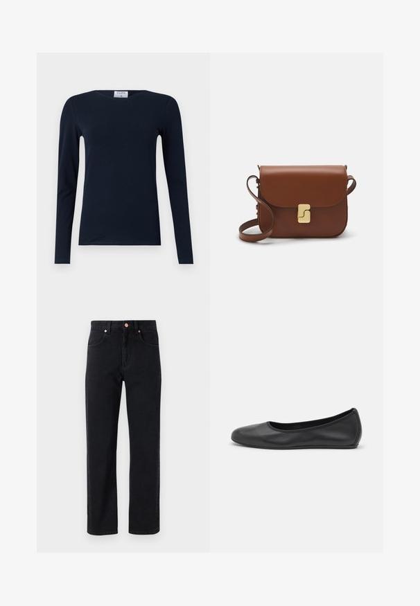 T-paita pitkillä hihoilla, valmistettu pehmeästä puuvillasta. Ominaisuuksiin kuuluu pyöreä kaula-aukko, slim fit -malli ja tavallinen helma ilman näkyviä kuvioita tai koristeita.; Musta farkkuhousut suoran lahkeiden leikkauksella, viiden taskun suunnittelulla, kuparinappikiinnityksillä ja minimaalisen näkyvillä ompeleilla.; Musta nahkainen ballerina, jossa on pyöristetty kärki, sileä pinta, minimaalinen ommelkoristelu ja joustava pohjamuotoilu.; Ruskea nahkainen käsilaukku, jossa on läppäkiinnitys, kultasävyiset yksityiskohdat, olkahihna ja sileä pinta. Kompaktin suorakaiteen muotoinen.