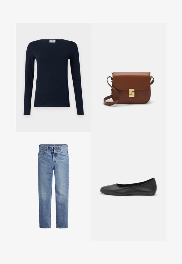 Jūros mėlynos spalvos ilgomis rankovėmis marškinėliai, pagaminti iš minkštos medvilnės. Turi apvalią kaklo iškirptę, liesą siluetą ir įprastą apdailą, nėra matomų raštų ar akcentų.; Šviesiai mėlynos džinsinės kelnės su tiesiu kirpimu, penkių kišenių dizainu ir mygtukų užsegimu. Pasižymi subtiliu nusidėvėjimu ir oranžiniais siūlais.; Juodai odiniai baletai su apvaliu pirštu, lygi texture, minimalus siuvimo detales ir lanksčiu padų dizainu.; Ruda odinė rankinė su uždaromu dangteliu, aukso spalvos detalėmis, petneša ir lygiu paviršiumi. Kompaktiška stačiakampio formos.