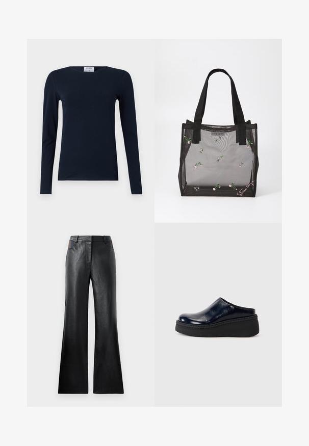 Marineblauwe longsleeve T-shirt, gemaakt van zachte katoen. Kenmerkt zich door een ronde hals, slim fit en een regulier boord zonder zichtbare patronen of accenten.; Zwarte leren uitlopende broek met een gladde textuur, voorzien van twee voorzakken met zwarte en bruine accenten bij de taille.; Navyblauwe gepatenteerde lederen klomp met een gladde afwerking, voorzien van een dikke zwarte platformzool en zichtbare stiksels langs de onderkant.; Zwarte netstof boodschappentas met geborduurde bloemenpatronen, voorzien van stevige zwarte handvatten en een logo-tag aan de voorkant. Doorzichtig materiaal.