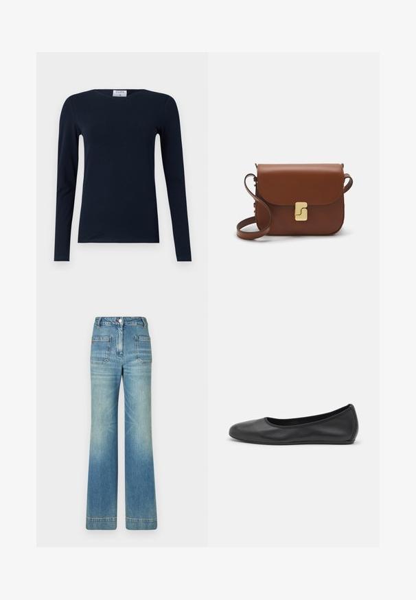 Mornarski dukserica s dugim rukavima izrađena od mekog pamuka. Ima okrugli izrez, uski kroj i redoviti rub bez vidljivih uzoraka ili naglasaka.; Svijetloplave traperice s flare krojem, pet džepova, petljama za pojas, zatvaranjem na gumb i blago izblijedjelom teksturom, s detaljem crvenog loga na stražnjoj strani.; Crne kožne baletanke s zaobljenim vrhom, glatke teksture, minimalnim detaljima šavova i fleksibilnim dizajnom potplata.; Smeđa kožna torba s preklopom, zlatnim detaljima, remenom za nošenje preko ramena i glatkom teksturom. Kompaktni pravokutni oblik.