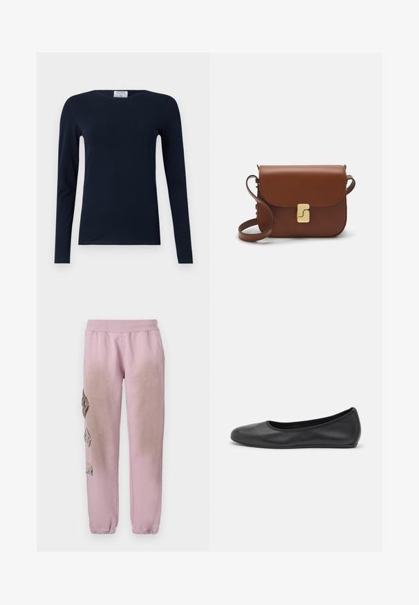 Tricou cu mânecă lungă de culoare navy, fabricat din bumbac moale. Are guler rotund, o croială slim fit și tiv regulat fără modele sau accente vizibile.; Pantaloni de trening roz cu talie elastică, cu petice decorative în formă de diamant pe partea stângă și manșete elastice la glezne.; Balerini din piele neagră, cu vârf rotund, textură netedă, detalii de cusătură minimale și un design al tălpii flexibil.; Geantă de piele maro cu închidere tip capac, accesorii de culoare aurie, curea de umăr și o textură netedă. Formă compactă și rectangulară.