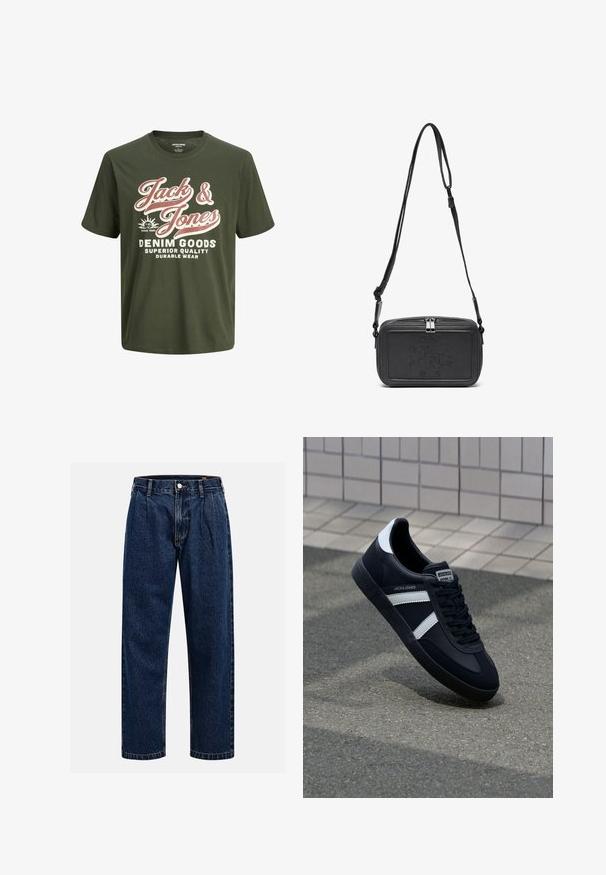 Zaļš kokvilnas T-krekls ar īsām piedurknēm, apaļu apkakli, ar lieliem baltajiem un rozā burtiem uzraksts "Jack & Jones Denim Goods" un logo.; Tumši zilie džinsu bikses ar taisna kāju dizainu. Iezīmējas redzamas šuves, pogu aizdare un priekšējie gurni papildu detaļām.; Melnā ādas sporta apavi ar baltām svītrām, teksturēta gumijas zole un auklu aizdare. Iekļauj zīmola etiķeti uz mēles.; Melna ādas soma uz pleca ar zīmolu, slēdzamu rāvējslēdzēju un regulējamu siksnu. Gluda tekstūra un taisnstūru forma.