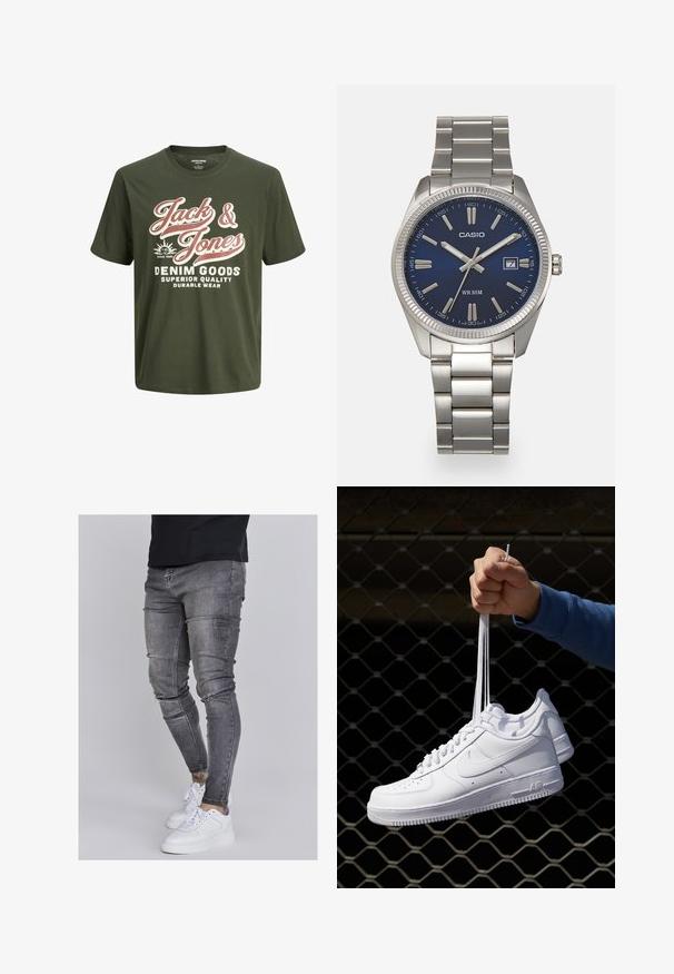 Groene katoenen T-shirt met korte mouwen, ronde hals, met grote witte en roze tekst "Jack & Jones Denim Goods" en logo.; Skinny jeans in vervaagd grijs denim, met versleten details op de knieën, gecombineerd met witte sneakers. Gladde textuur, slank model.; Witte leren sneakers met perforaties, ronde neus, vlakke zool en dikke veters, met een zichtbare swoosh-logo en "AIR" op de hiel.; Zilveren roestvrijstalen horloge met een marineblauwe wijzerplaat, metalen uurmarkeringen en een datumnis op 3 uur. Waterbestendig tot 50 meter.