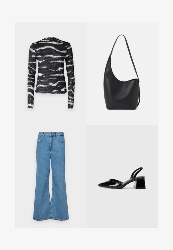 Camisa de manga longa em preto com riscas brancas onduladas, apresentando um tecido texturado e um design justo. O decote é pregueado para um detalhe subtil.; Jeans de brim azuis claros, com corte à boca de sino, apresentando uma cintura alta, cinco bolsos e um fecho de botão único. Textura macia com acabamento desbotado.; Sandy em verniz preto com salto slingback, ponta afilada e salto geométrico. Apresenta um design elegante e minimalista com textura suave.; Saco hobo preto em pele com uma textura lisa, forma curva e uma única alça ajustável; apresenta uma abertura larga na parte de cima.