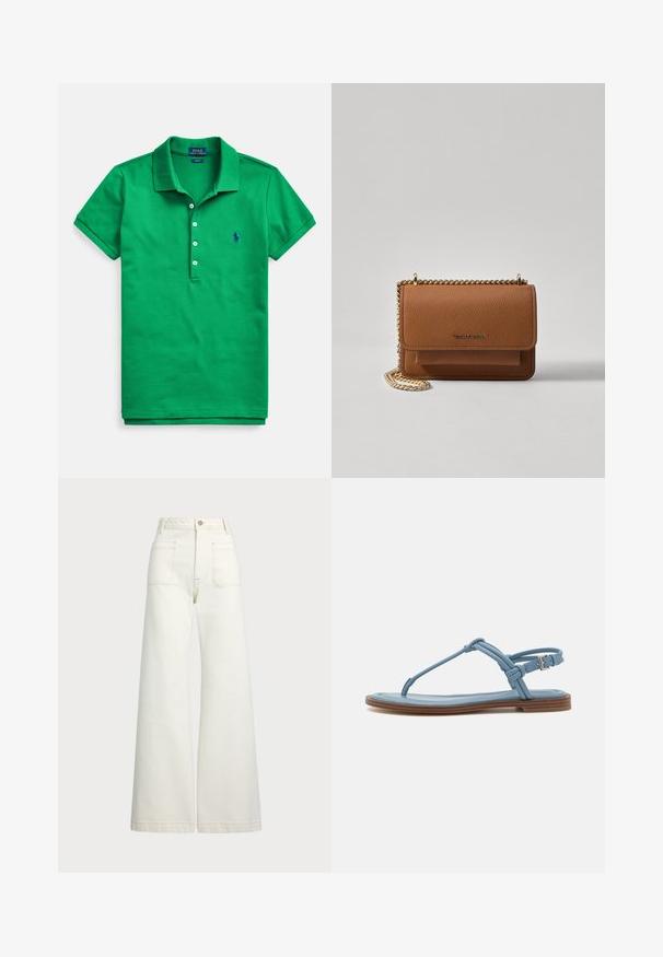 Grønn polotrøye i bomull med klassisk krage, korte ermer, treknappet stolpe og en liten blå logo på brystet.; Vidde bukser i off-white denim. Høyt liv-design med knappelukking, to frontlommer og kontrastsøm detaljer.; Blå lær thong sandal med flad sål, der har et slankt stropdesign og en spænde lukning ved anklen for en sikker pasform.; Brun teksturert lær crossover-veske med gullkjede-stropp og klaffelukking. Fronten har logo-detalj og en lomme under klaffen.