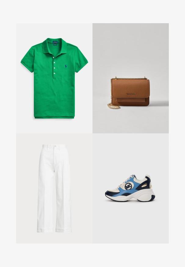 Grønn polotrøye i bomull med klassisk krage, korte ermer, treknappet stolpe og en liten blå logo på brystet.; Hvite vidde bukser med høy midje, med knappelukking og subtile sømdetaljer. Laget av bomull med en glatt tekstur.; Hvit, marineblå og lyseblå semsket sneakers med tykk såle og sirkulært brodert logo på siden.; Brun teksturert lær crossover-veske med gullkjede-stropp og klaffelukking. Fronten har logo-detalj og en lomme under klaffen.