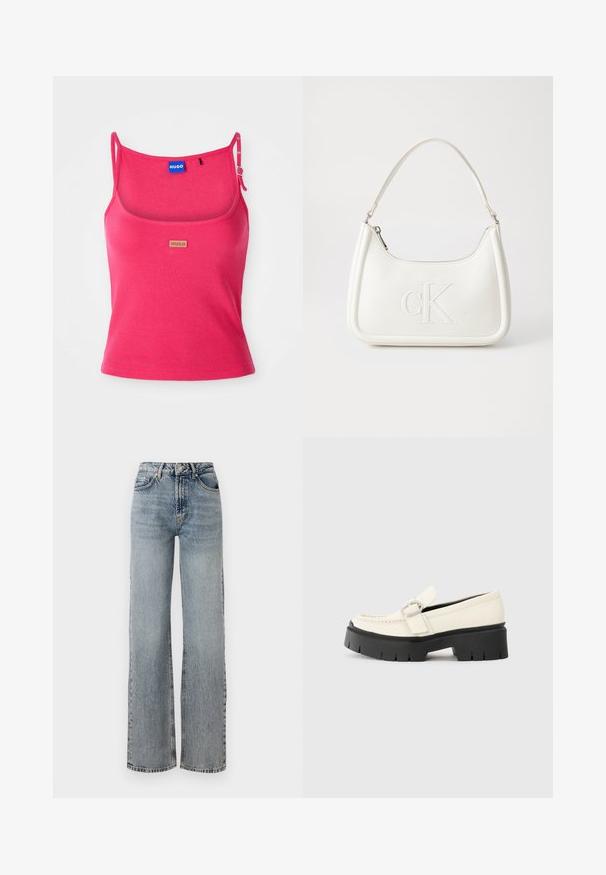 Top roz ajustat, confecționat dintr-un material texturat tip rib. Are bretele ajustabile și un mic etichetă cu logo maro în față. Textură netedă.; Jeans din denim de culoare albastru deschis, cu talie înaltă, design cu picioare largi, finisaj îmbătrânit și detalii ușor deteriorate. Stil clasic cu cinci buzunare.; Lofer alb din piele, cu o talpă platformă masivă neagră, având o cataramă rectangulară din argint și detalii vizibile de cusătură pe partea superioară.; Geantă de umăr din piele albă cu formă curbată, având un logo "CK" embosat pe partea din față și un singur braț de umăr. Închidere cu fermoar în partea de sus.