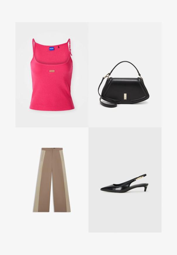 Aansluitend roze tanktop van ribbelstof. Beschikt over verstelbare banden en een klein bruin logotag aan de voorkant. Gladde textuur.; Bruine wijde broek met beige zijpanelen, met een vlakke voorkant, verborgen zakken en een gladde textuur. Tailored design en schone lijnen.; Zwarte leren slingback hakken met een spitse neus, voorzien van een slanke hak en een goudkleurige accent op de verstelbare band. Gladde textuur.; Zwarte leren handtas met een gestructureerd ontwerp, featuring een verkorte vorm, bovenhandvat en gouden hardwareaccent. Inclusief verstelbare schouderband.