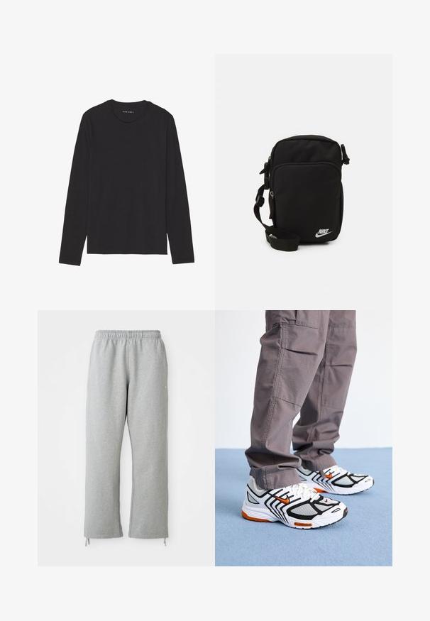 Musta pitkähihaista paitaa, joka on valmistettu pehmeästä kankaasta. Ominaisuutena on pyöreä pääntie ja yksinkertainen muotoilu ilman kuvioita tai koristeita.; Harmaat collegehousut, joissa on joustava vyötärö, suorat lahkeet ja nyöri-tyyliset yksityiskohdat helmoissa. Valmistettu pehmeästä, teksturoidusta kankaasta.; Valkoiset juoksukengät mustilla yksityiskohdilla ja oransseilla yksityiskohdilla, joissa on verkkokangasta ja kontrastinen kumipohja, yhdistettyinä harmaisiin cargo-housuihin.; Musta nailoninen olkalaukku, jossa on säädettävä hihna, vetoketjullisia osastoja ja valkoinen Nike-logo edessä. Suuri sileä rakenne, suorakulmainen muoto.