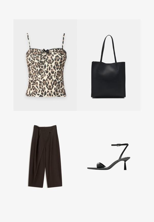 Camisole met luipaardprint, dunne zwarte bandjes, een textuurstof en een gathered detail in het midden. Heeft een zwarte strikaccent bij de halslijn.; Donkere bruin wijde broek met een hoge taille, voorzien van een enkele knoopsluiting en een geplooide voorkant. Gemaakt van lichtgewicht stof.; Bershka Sandalen met hoge hak - black; Zwarte leren handtas met een gladde textuur, rechthoekige vorm en twee lange handvaten. Geen zichtbare hardware of versieringen.