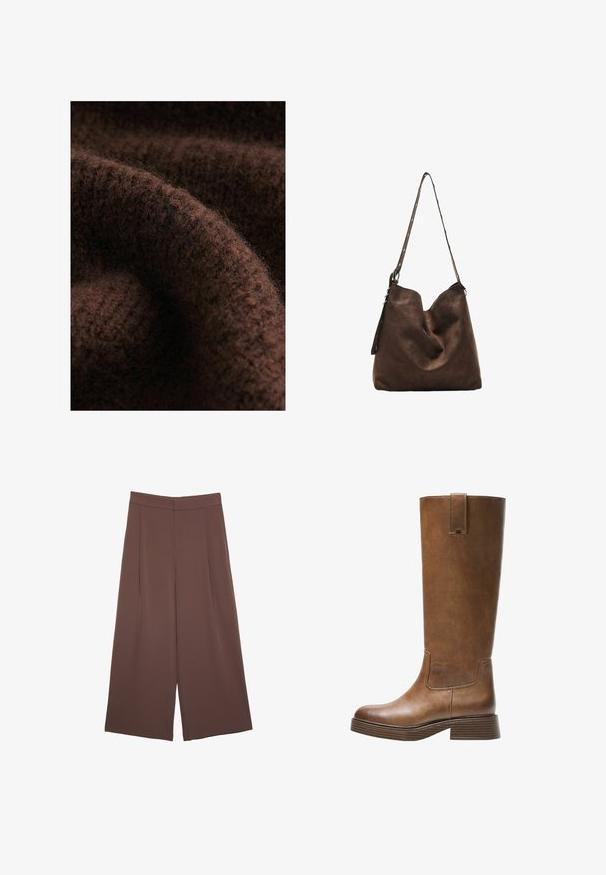 Brązowa dziana tkanina o miękkiej, puszystej fakturze oraz subtelnych wariacjach tonalnych, podkreślająca skomplikowane wzory ściegów i ciepło.; Brązowe spodnie o szerokich nogawkach z gładką fakturą, z wysokim stanem i plisami z przodu. Materiał jest lekki i luźno opada.; Brązowe skórzane wysokie buty do kolan z okrągłym noskiem, teksturowaną powierzchnią i niskim piętrem o warstwowej budowie. Posiadają boczną wstawkę oraz pętelkę na górze.; Brązowa zamszowa torba hobo z zaokrąglonym przodem, długim paskiem z akcentami w postaci kropek oraz miękką fakturą. Charakteryzuje się luźnym designem, idealnym do codziennego użytku.