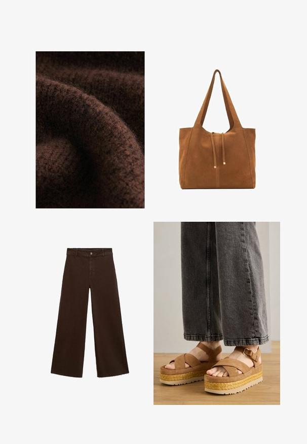Brown knitted fabric with a soft, fuzzy texture and subtle variations in tone, highlighting the intricate stitch patterns and warmth.; Brown wide-leg trousers in cotton blend, featuring a frayed hem, front button closure, and classic five-pocket design. Minimalistic and versatile.; Brown suede platform sandals with crisscross straps, featuring a jute-wrapped midsole and a sturdy rubber sole.; Brown suede tote bag with two long straps, drawstring closure, and minimalistic design. Smooth texture and no visible hardware accents.
