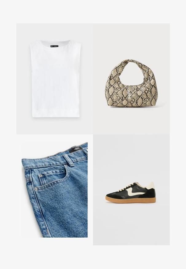 White sleeveless top with a round neckline, made of soft fabric. Straight hem with no visible patterns or embellishments.; Denim jeans in medium blue with a faded texture. Features include five pockets, copper rivets, and stitched detailing along the seams.; Black suede and leather sneaker with a cream side swoosh and light cream heel. Features beige laces and a gum rubber outsole.; Snake-print handbag with a curved handle. Made from textured, beige and brown materials, featuring a distinctive diamond pattern.
