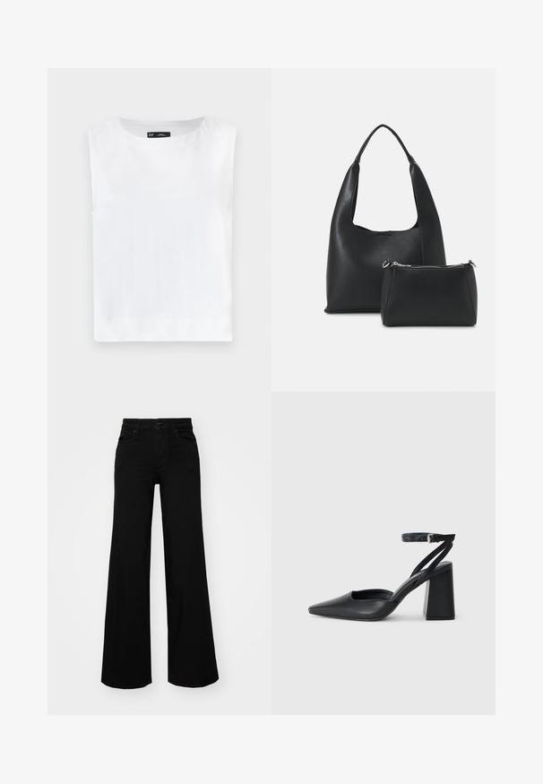Top sin mangas blanco con cuello redondo, hecho de una tela suave. Dobladillo recto sin patrones visibles ni adornos.; Pantalones de mezclilla de pierna ancha y color negro, con una cinturilla estructurada, pasadores para cinturón y bolsillos frontales. Textura suave con un diseño clásico.; Zapato de tacón puntiagudo de cuero negro con tira en el tobillo y tacón ancho. Textura plana, diseño elegante y estética minimalista.; Even&Odd Bolso de mano - black