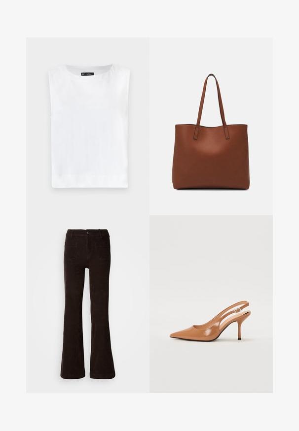 White sleeveless top with a round neckline, made of soft fabric. Straight hem with no visible patterns or embellishments.; Brown corduroy flared pants with a textured finish, featuring a front button closure, belt loops, and two back pockets.; Pointed toe slingback heel in a smooth, glossy tan material. Features a curved cutout design and a slender stiletto heel. Silver buckle detail.; Brown leather tote bag with a smooth texture, open top design, and two shoulder straps. Features minimal stitching and no visible hardware.